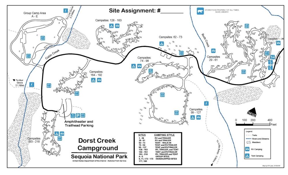 Mapa do acampamento do Parque Nacional de Sequoias