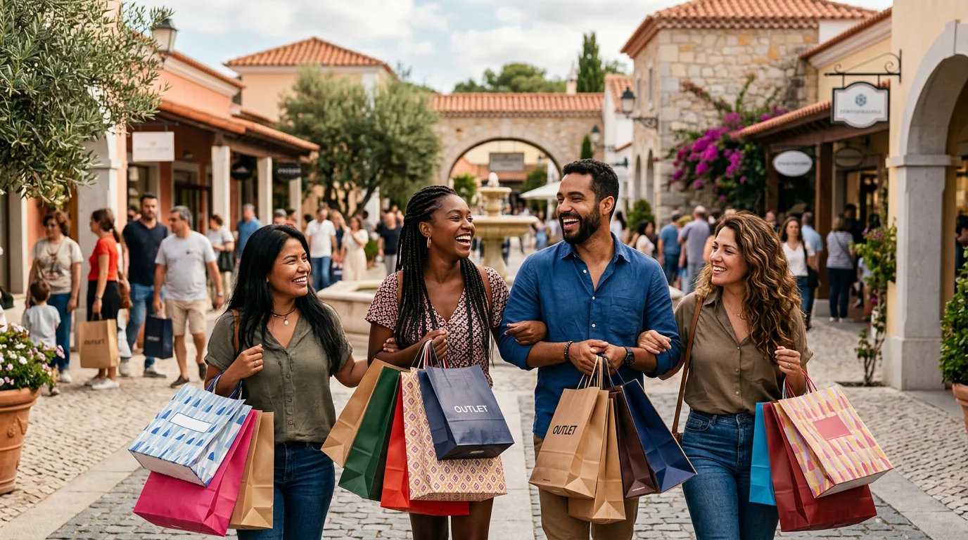 Outlet em Portugal: O Guia Definitivo de Compras para 2026 🛍️ 1 Brasileiros de diversas etnias sorrindo e carregando sacolas de compras em um renomado Outlet em Portugal