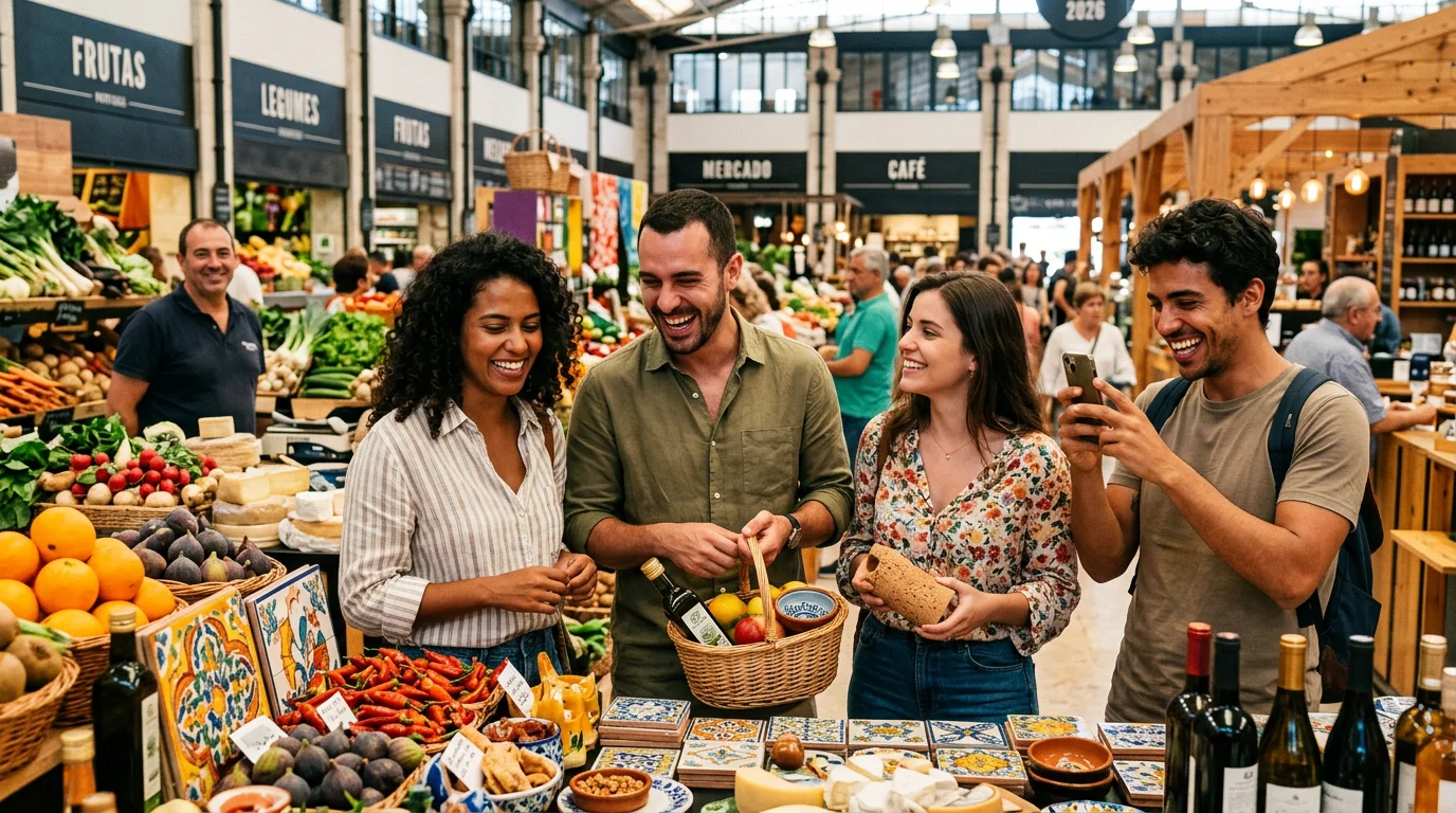 Melhores mercados de Portugal: Guia de Viagem 2026 1 Grupo de amigos brasileiros sorridentes explorando os melhores mercados de Portugal