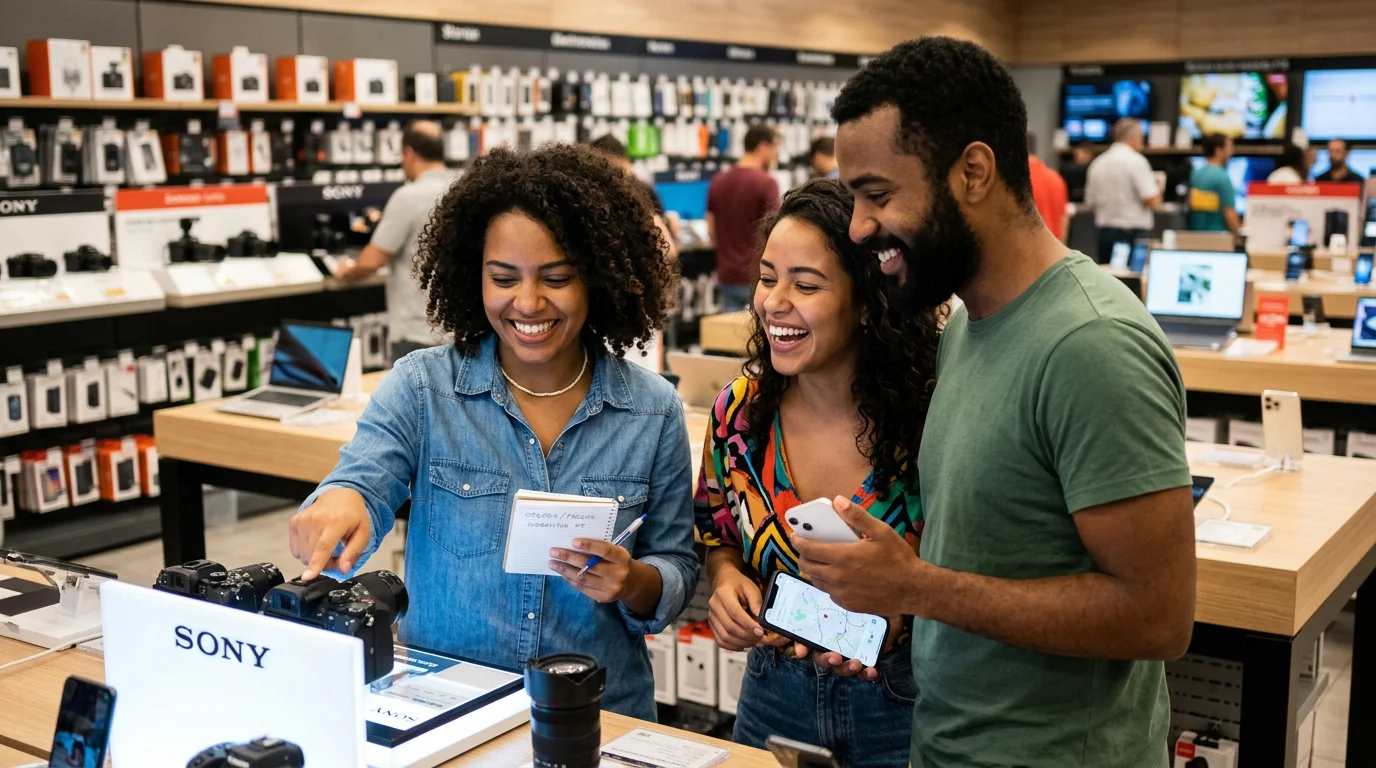 Onde Comprar Eletrônicos em Portugal? Guia 2026 para Economizar! 1 Grupo de brasileiros de diversas etnias sorrindo ao pesquisar onde comprar eletronicos em Portugal