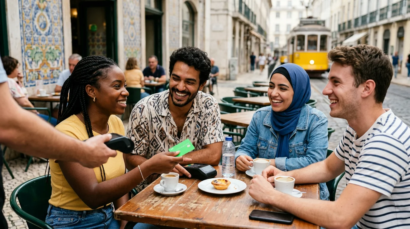 Como Funciona a Conta Wise Portugal em 2026: Guia Prático e Econômico! 1 Grupo de amigos de várias etnias sorrindo e usando o cartão da Conta Wise Portugal em um café em Lisboa