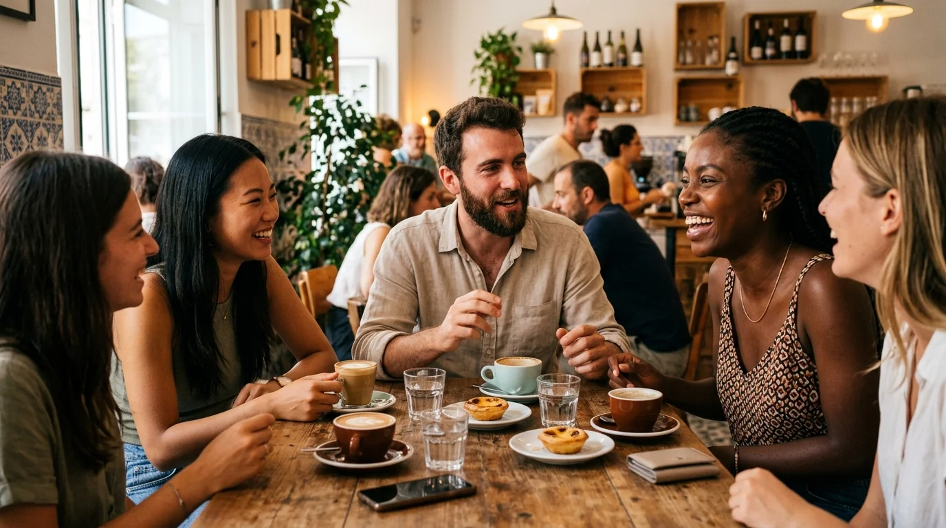 Custo de vida em Portugal 2026: Guia de Gastos Realista 1 Pessoas diversas conversando alegremente em uma cafeteria moderna em Portugal representando o custo de vida em Portugal 2026