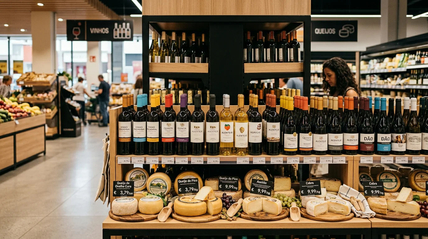 Super Mercados de Portugal: O Guia Prático para Economizar em 2026 1 Interior moderno de um dos principais super mercados de Portugal com prateleiras cheias de vinhos e queijos locais